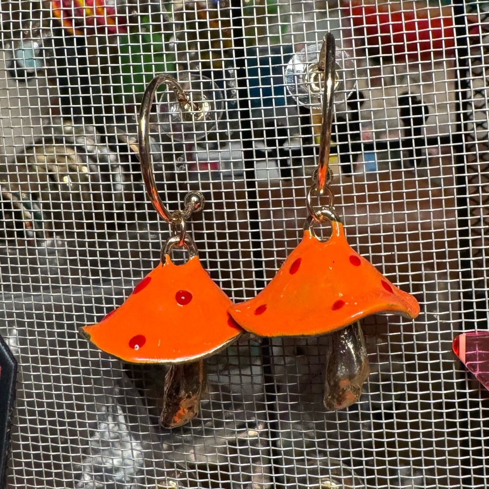 Orange Enamel Mushroom Earrings